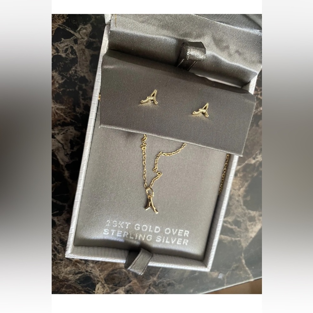 Primrose NWT in Box Initial Letter “A” Gold Necklace & Earrings Set